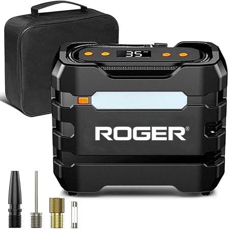 Roger Portable 12V DC Car Tire Inflator Air Compressor. Featuring Auto Shut Off and LED Lights, it's perfect for inflating car tires, motorcycles, bikes, and inflatables.