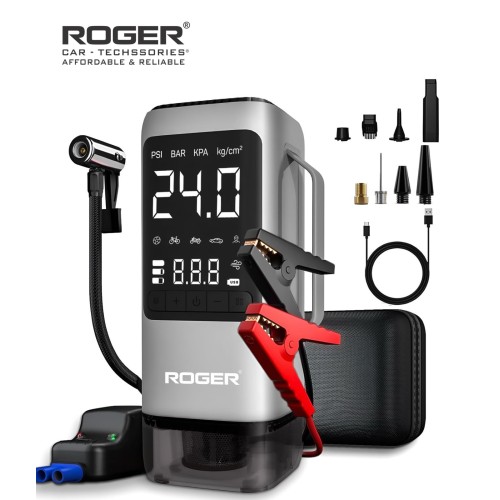 ROGER 6-in-1 Car Jump Starter with Digital Tyre Inflator (150 PSI), Vacuum Cleaner, 8000mAh Power Bank & LED Light | For 3L petrol & 2.2L Diesel Cars