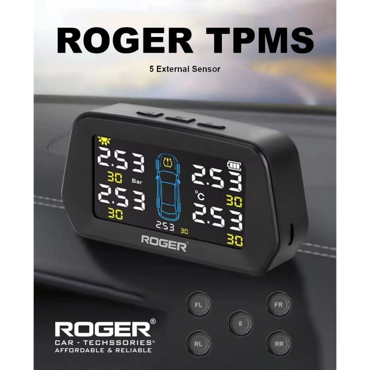 ROGER External TPMS – 5 Tire Sensors for Cars | Wireless Solar & USB Charging | LCD Color Display & 5 Alarm Modes