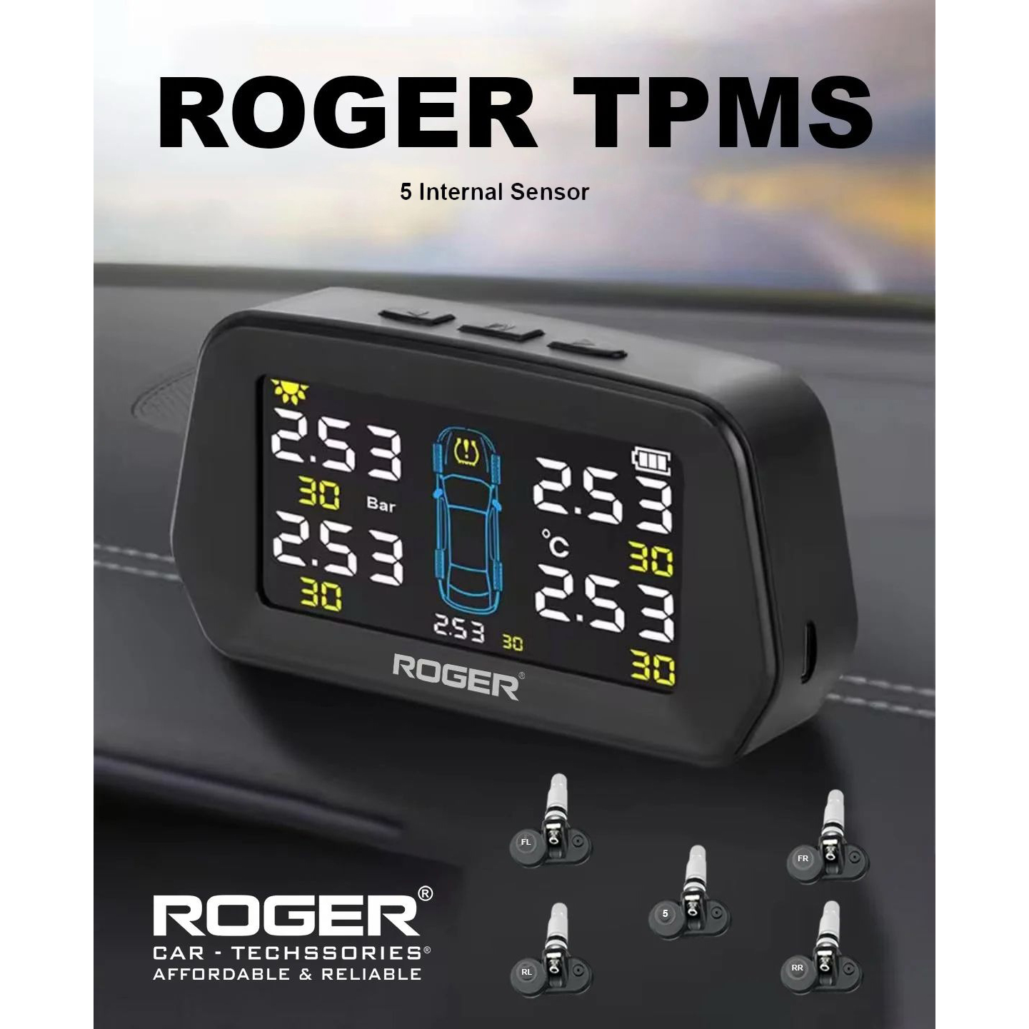 ROGER Internal TPMS – 5 Tire Sensors for Cars | Wireless Solar & USB Charging | LCD Color Display & 5 Alarm Modes