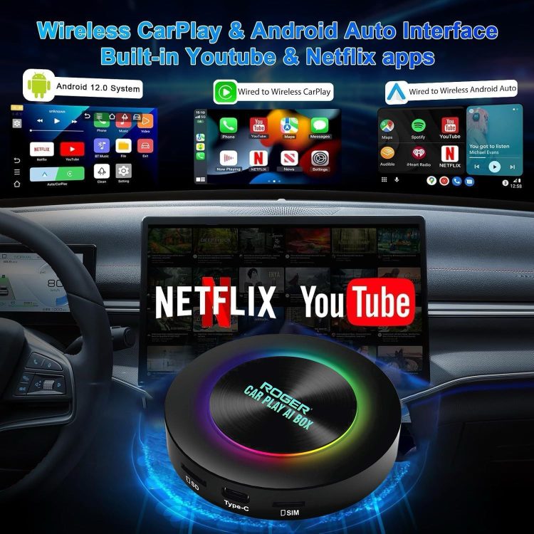 Roger's CarPlay AI Box with 4G SIM Slot | Android 13 | 4GB+64GB | Qualcomm | Stream YouTube, Netflix, Google Maps | Wireless CarPlay & Android Auto | 4K Video | Dual Bluetooth | GPS | 2-Year Warranty