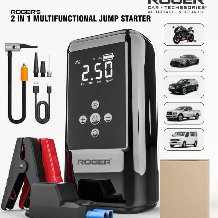 Roger 2-In-1 Multifunctional Jump Starter – Your Ultimate Car Emergency Companion! Jump-Start Your Vehicle, Inflate Tires, Charge Your Gadgets, Or Light Up The Night – All In One Compact Device. 🚗